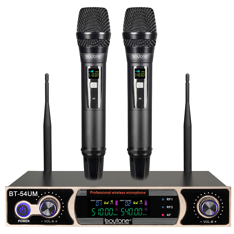 Boytone BT-54UM Dual Dynamic UHF Wireless Microphone System, Metal Microphone and Base, up to 200 FT